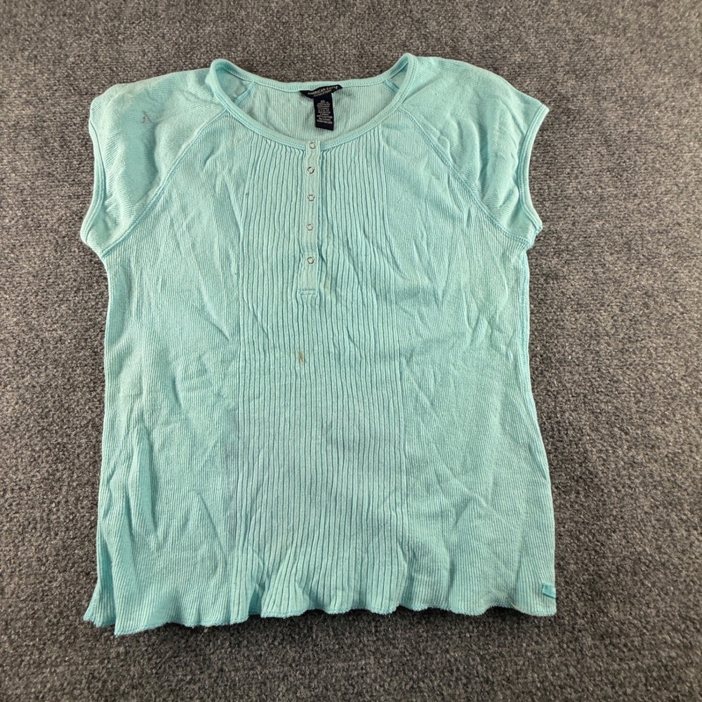 American Eagle Outfitters Aqua Blue Ribbed Cotton Henley Top XL Short Sleeve